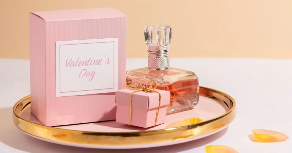 perfume with a pink gift box written Valentine's Day